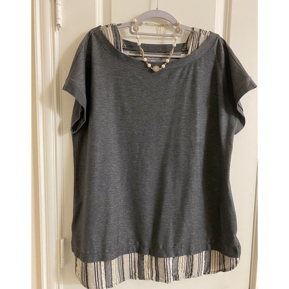 Lane Bryant Women's Layered Gray Gold Brown Stripe‎ Sleeve Blouse Shirt Sz 14/16 - Picture 1 of 2